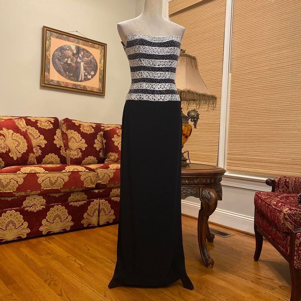 prom/ formal black and white strapless maxi dress fully beaded structured bodice